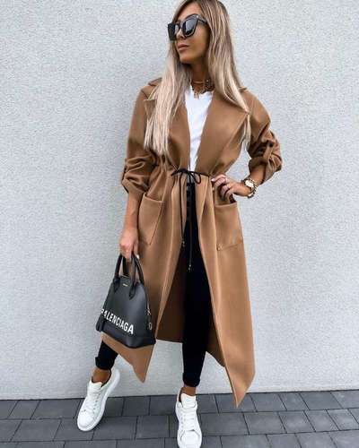  Long Coat Woman Casual Plaid Drawstring 