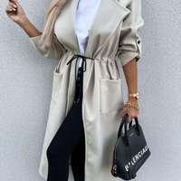  Long Coat Woman Casual Plaid Drawstring  - Thumbnail 2