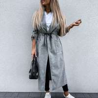  Long Coat Woman Casual Plaid Drawstring  - Thumbnail 4