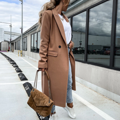 Style turn-down collar woolen coat women