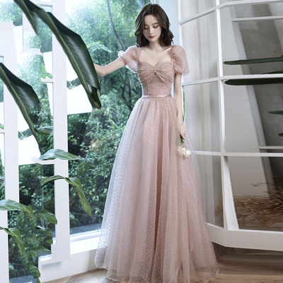 Pink tulle long prom dress a line evening gown