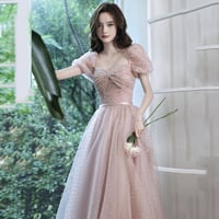 Pink tulle long prom dress A line evening gown - Thumbnail 2