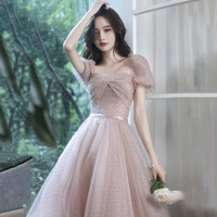 Pink tulle long prom dress A line evening gown - Thumbnail 3