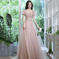 Pink tulle long prom dress A line evening gown - Thumbnail 5