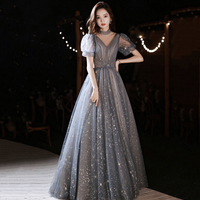 Gray tulle sequins long prom dress A line evening gown - Thumbnail 1