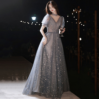 Gray tulle sequins long prom dress A line evening gown - Thumbnail 2