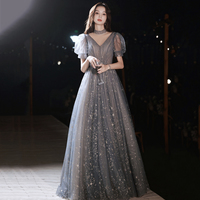 Gray tulle sequins long prom dress A line evening gown - Thumbnail 6