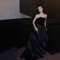 Black velvet satin long prom dress A line evening gown - Thumbnail 1