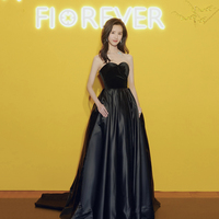 Black velvet satin long prom dress A line evening gown - Thumbnail 2