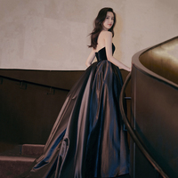 Black velvet satin long prom dress A line evening gown - Thumbnail 4