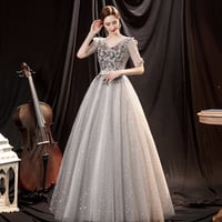 Gray tulle sequins long ball gown dress formal dress - Thumbnail 1