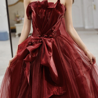 Burgundy tulle long prom dress A line evening dress - Thumbnail 2