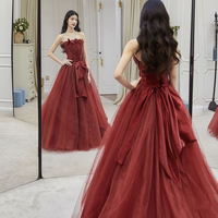 Burgundy tulle long prom dress A line evening dress - Thumbnail 4