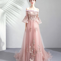 Pink lace long A line prom dress pink evening gown - Thumbnail 2