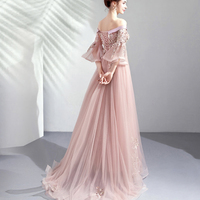 Pink lace long A line prom dress pink evening gown - Thumbnail 3