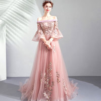 Pink lace long A line prom dress pink evening gown - Thumbnail 4