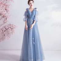 Blue v neck tulle long prom dress A line evening dress - Thumbnail 1