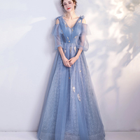 Blue v neck tulle long prom dress A line evening dress - Thumbnail 2