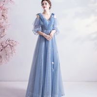 Blue v neck tulle long prom dress A line evening dress - Thumbnail 3