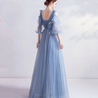Blue v neck tulle long prom dress A line evening dress - Thumbnail 4