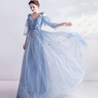 Blue v neck tulle long prom dress A line evening dress - Thumbnail 5