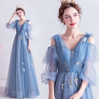 Blue v neck tulle long prom dress A line evening dress - Thumbnail 6