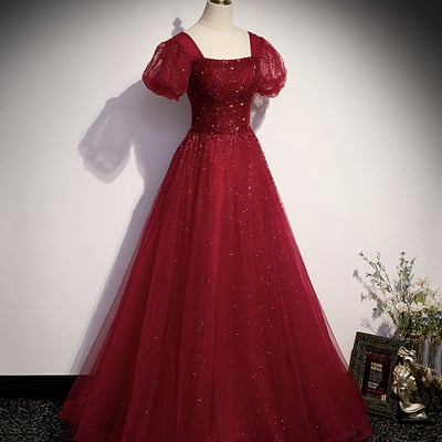 Burgundy tulle beads long ball gown dress formal dress