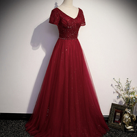 Burgundy tulle beads long ball gown dress formal dress - Thumbnail 1