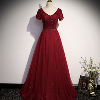 Burgundy tulle beads long ball gown dress formal dress - Thumbnail 4