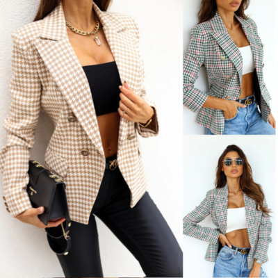 Fashion double breasted tweed check blazers
