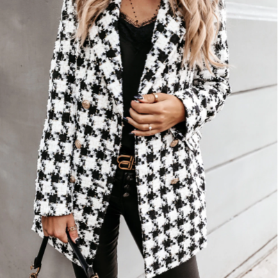 Plaid pattern print woolen coat female chic 