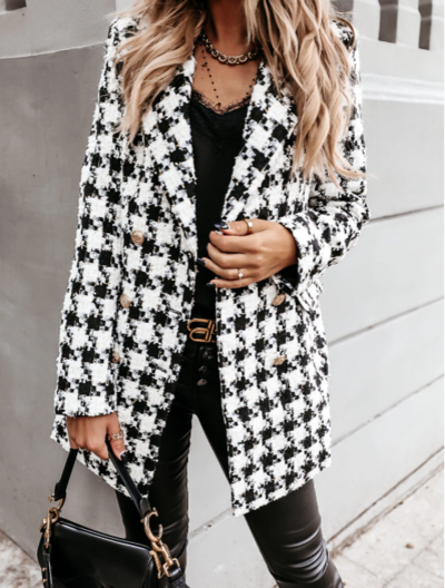 Plaid Pattern Print Woolen Coat Female Chic 