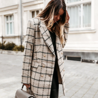 Plaid Pattern Print Woolen Coat Female Chic  - Thumbnail 4