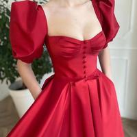 Half Sleeves Dark Red Ankle Length Prom Dresses with Slit - Thumbnail 1