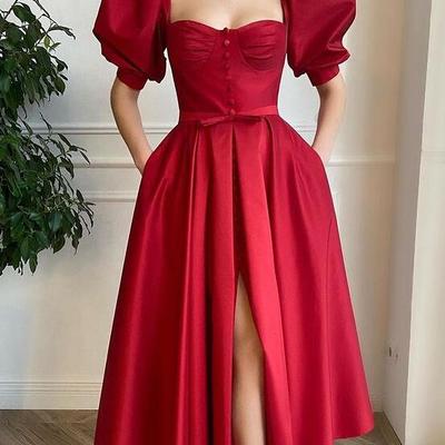 Half sleeves dark red ankle length prom dresses with slit - Thumbnail 2