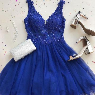 Royal blue short lace homecoming dress with beading - Thumbnail 3