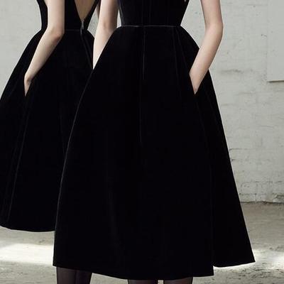 Open back black velvet knee length short prom dresses - Thumbnail 3