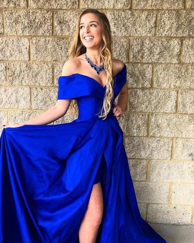 Off the Shoulder Royal Blue Prom Dress with Split