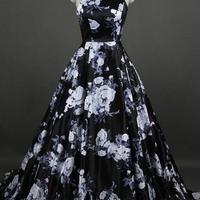 Sleeveless Floral Print A Line Long Prom Dress - Thumbnail 2