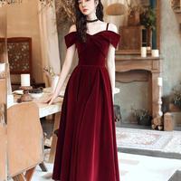 Beauty A line burgundy velvet prom dress evening dress - Thumbnail 1