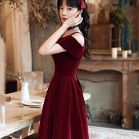 Beauty A line burgundy velvet prom dress evening dress - Thumbnail 2