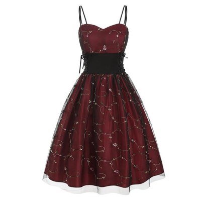 Embroidery lace up slip dress wine red 