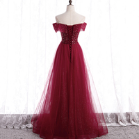 Burgundy tulle beads long prom dress A line evening gown - Thumbnail 3