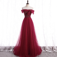 Burgundy tulle beads long prom dress A line evening gown - Thumbnail 5