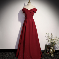 Burgundy satin long prom dress A line evening gown - Thumbnail 1