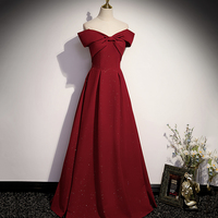 Burgundy satin long prom dress A line evening gown - Thumbnail 4