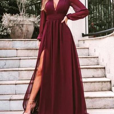 Burgundy long sleeves chiffon split prom dresses - Thumbnail 5