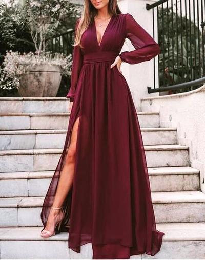 Burgundy Long Sleeves Chiffon Split Prom Dresses