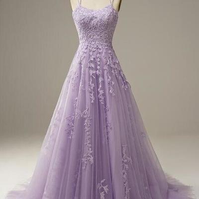 Spaghetti straps lilac floor length lace prom dress - Thumbnail 1
