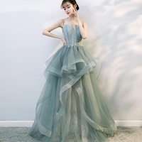 Green tulle lace long prom dress evening gown - Thumbnail 1